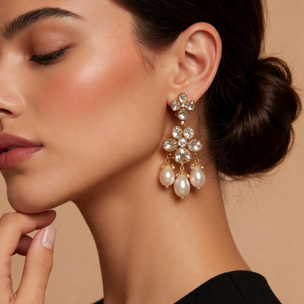 Vintage Gold and Pearl Drop Chandelier Earrings